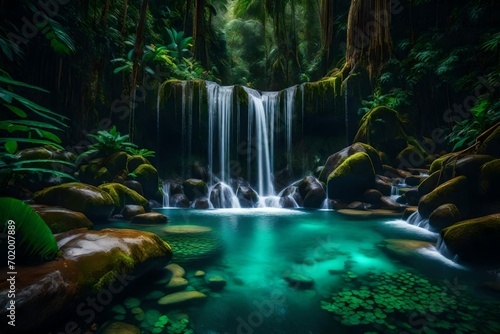 A concealed waterfall in the rainforest mountains  crystal waters cascading into a serene pool.