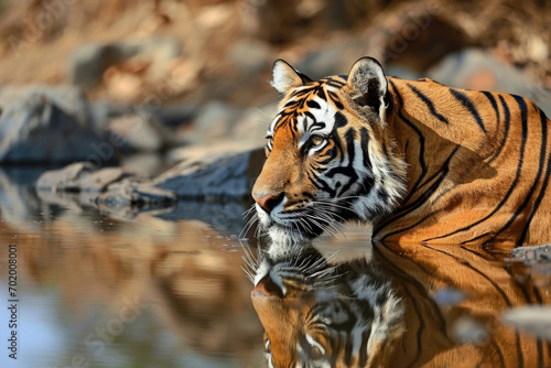 A tiger in a reflective moment by a serene waterhole