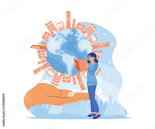 Young woman standing while reading a book. Big hand holding a globe complete of multi-storey buildings and saving the planet concept. Trend Modern vector flat illustration