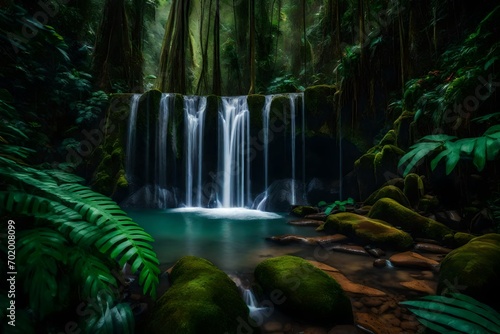 A concealed waterfall within the rainforest is where water and rocks unite in perfect harmony. © Muhammad