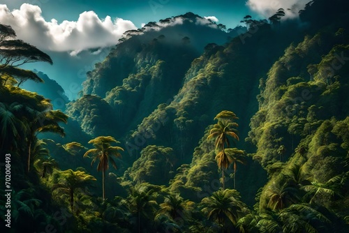 A rainforest mountain landscape, adorned with winter's embrace, embodies serene beauty.