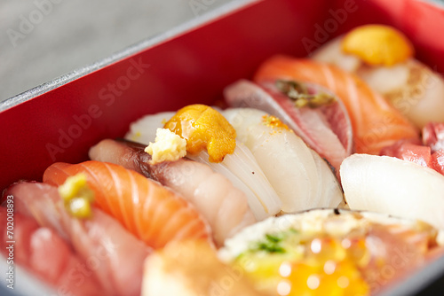Different types of sushi on a plate 