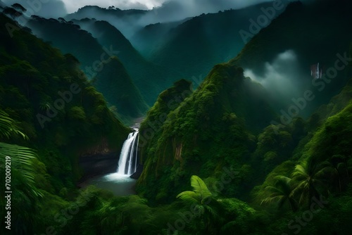 A dramatic valley in the rainforest boasts lush greenery and misty waterfalls.