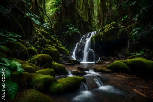A concealed waterfall is embraced by lush foliage and moss-covered rocks in the rainforest.