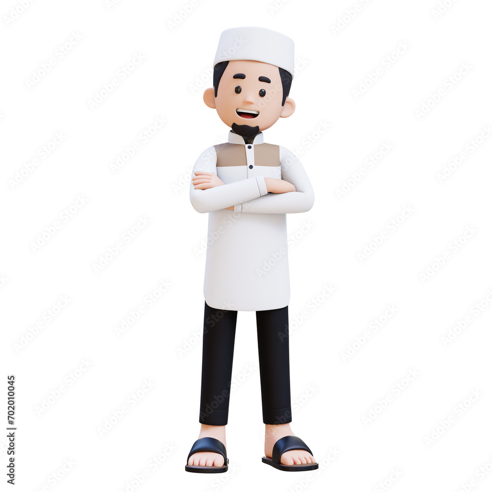 3D Characters of Muslim Man crossed arm pose perfect for banner, web dan marketing material