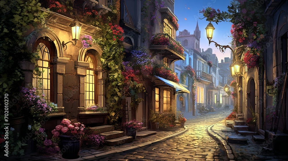 A charming cobblestone alleyway adorned with blooming flowers cascading down from balconies above. Old-fashioned street lamps cast a warm, nostalgic glow.