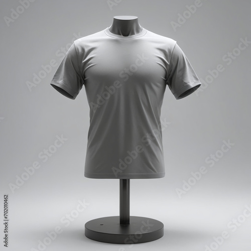 Blank black clean t-shirt in manekin and stand mockup, isolated, front and back view, Empty gray undervest model mock up. Clesr dark classic short for socer. Footbal clothes mokcup template. photo