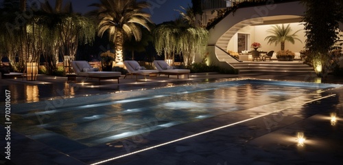 An elegant backyard with a pool featuring an underlit onyx stone deck, the lighting creating 3D intricate, glowing patterns, onyx elegance