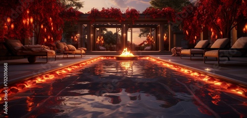 An elegant backyard with a pool surrounded by a series of vivid red and orange flame sculptures, casting 3D intricate, fiery patterns, flame finesse