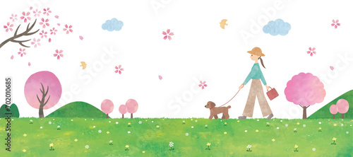 犬の散歩をする女性と桜の風景水彩画