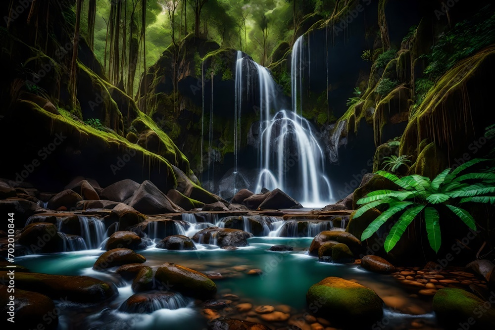 A hidden waterfall framed by ancient rock formations within the rainforest mountains.
