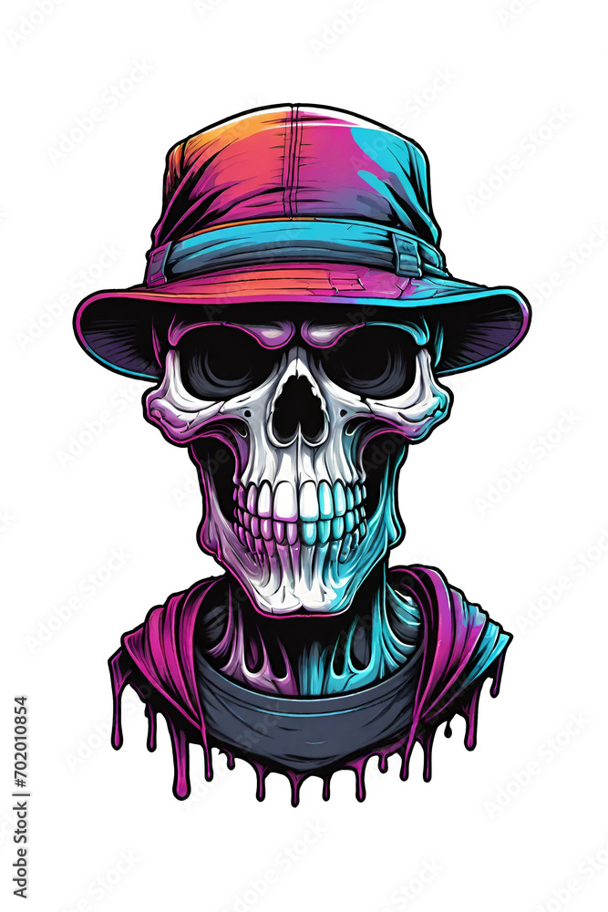 Skull in cap with skull tattoo on the background