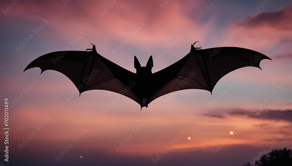 bat flying in the sky at sunset.
