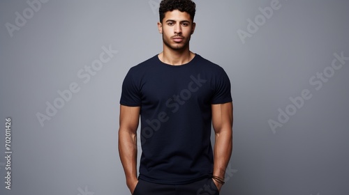 A athletic person in navy blue t shirt over creamy background