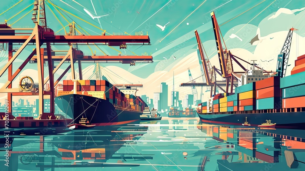 Colorful illustration of merchant ships docking, delivering and picking up containers, showcasing the movement of logistics, sea shipments, customs, and international treaties. Generative AI. - obrazy, fototapety, plakaty 