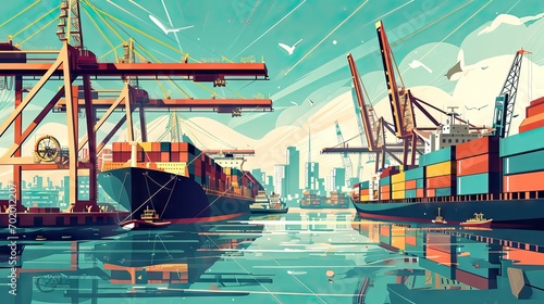 Colorful illustration of merchant ships docking, delivering and picking up containers, showcasing the movement of logistics, sea shipments, customs, and international treaties. Generative AI.