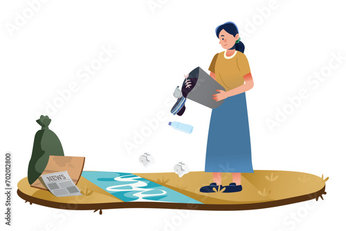 A Woman Carelessly Throws Trash Into The River | Pollution Illustration