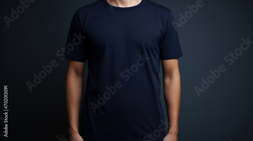 A person wearing navy blue t shirt isolated on solid background photo
