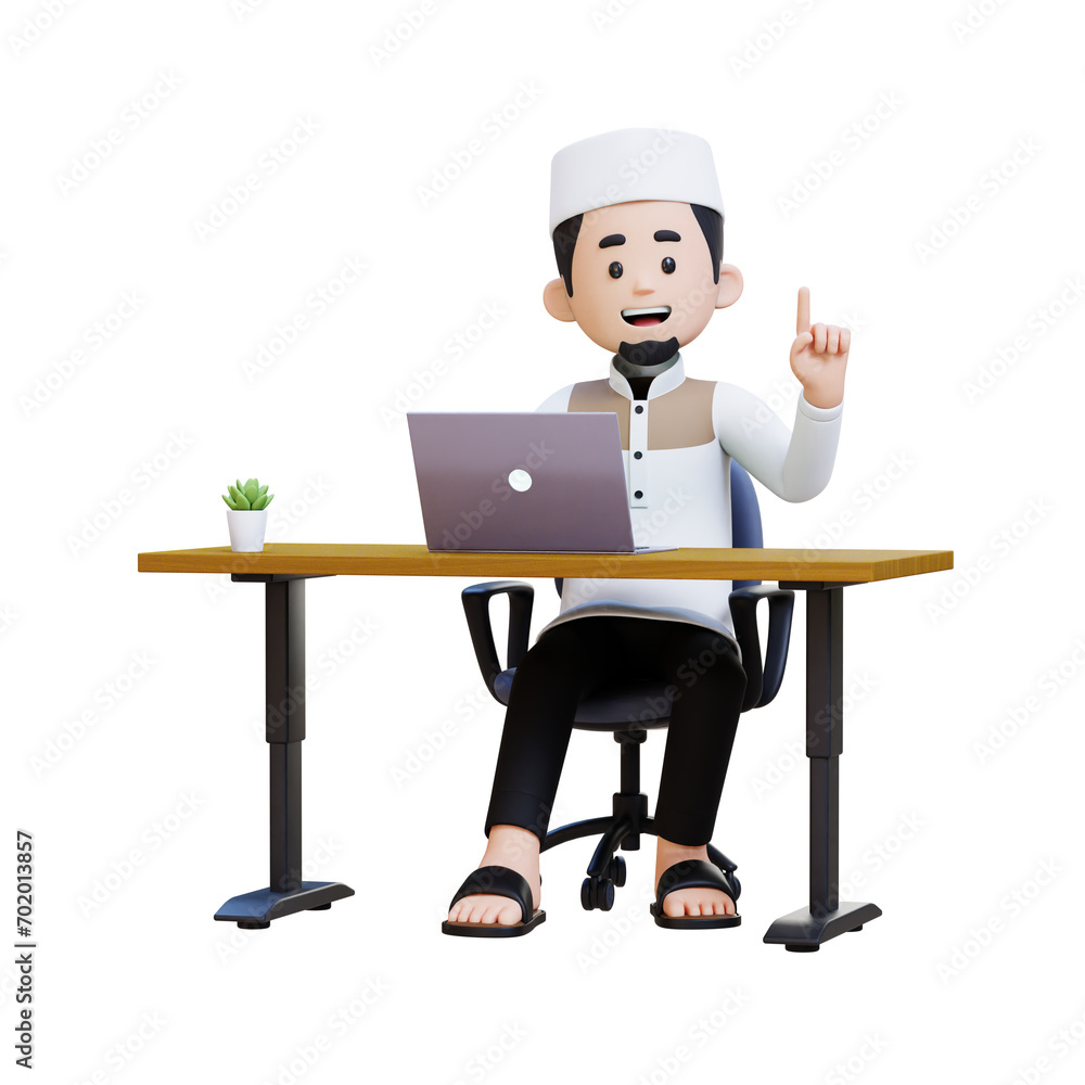 3D Characters of Muslim Man got idea and working on a laptop in working desk perfect for banner, web dan marketing material