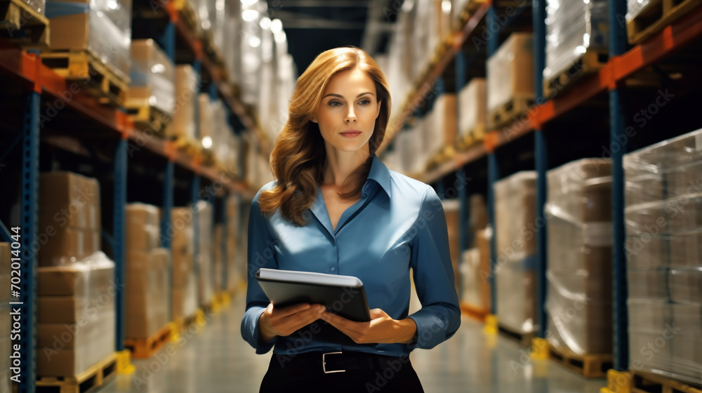 A female employee or supervisor checks the stock inventory on a digital tablet as part of a smart warehouse management system A female employee or supervisor checks the stock inventory on a digital tablet as part of a smart warehouse management system