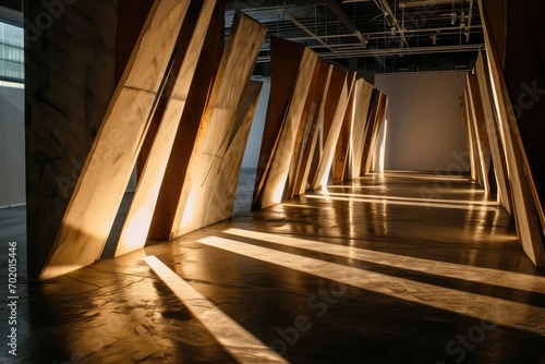 A contemporary art exhibit featuring abstract light sculptures mounted on wooden panels, their interplay of light and shadow challenging perceptions and inviting contemplation. photo