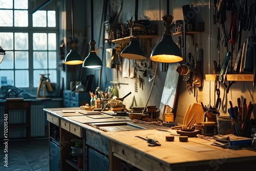 A creative workspace illuminated by a series of pendant lights, their focused beams shining down on a wooden workbench, inspiring productivity and creativity. photo
