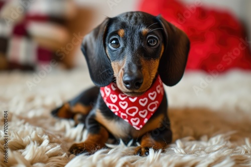 A dapper Valentine Dachshund puppy wearing a heart-patterned bandana, posing proudly, ready to steal hearts and spread joy on this day of love. photo