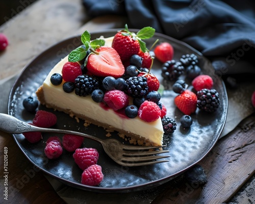 Homemade cheesecake with fresh berries on rustic wooden background.