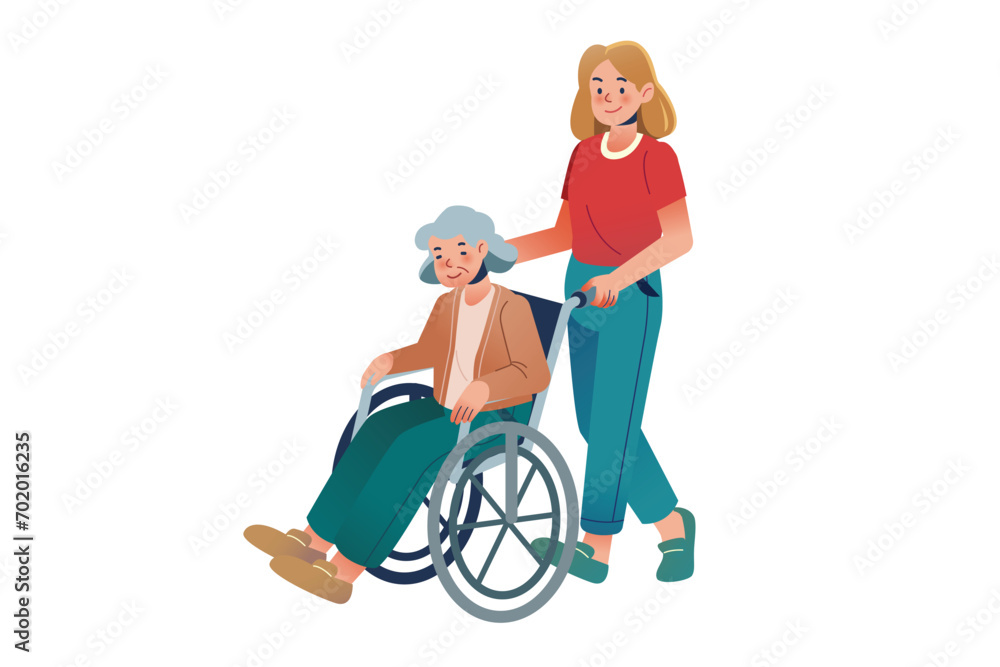 A woman assists in pushing  grandmother's wheelchair | Volunteer Illustration