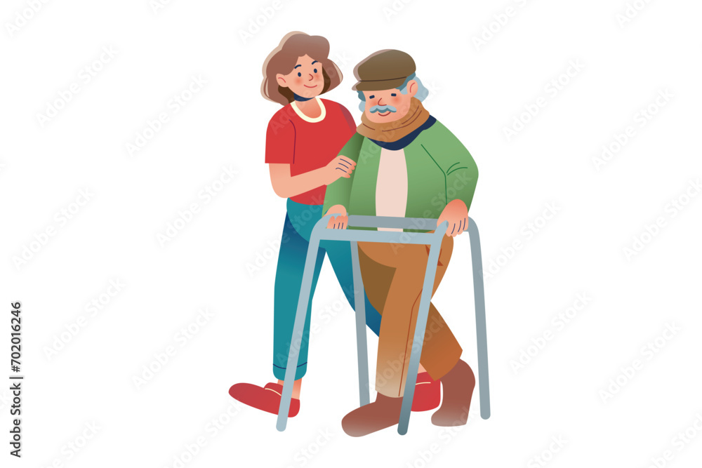 Woman was Helping Grandfather Walk | Volunteer Illustration Woman was Helping Grandfather Walk | Volunteer Illustration