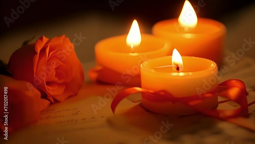 A closeup of a candles flickering flame as it gently melts a secret love note from the wax