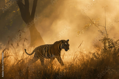 A tiger in the misty morning light