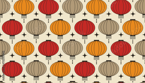 Seamless pattern of colorful traditional Chinese lanterns on a beige background, perfect for festive decoration designs and cultural event backdrops.