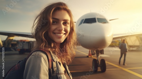Beautiful happy woman taking a selfie at the airport in front of the plane. People departure boarding holidays concept. Image of traveling in vacation.