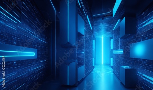 Fototapeta Naklejka Na Ścianę i Meble -  3D glowing blue techno abstract background overlap layer on dark space from AI Generative