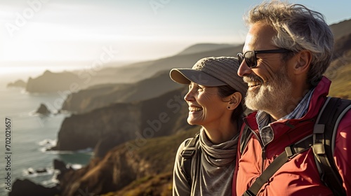 Senior couple admiring the scenic Pacific coast while hiking. Image of senior couple with beautiful view. copy space for text.