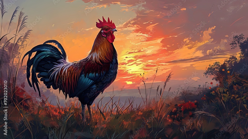 A beautiful rooster crowing at dawn, symbolizing the start of a new day. The image captures the essence of rural life and natural beauty. Generative A - obrazy, fototapety, plakaty 