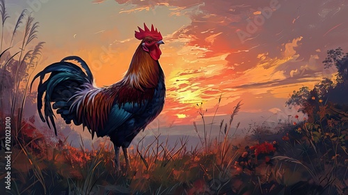 Photographie A beautiful rooster crowing at dawn, symbolizing the start of a new day