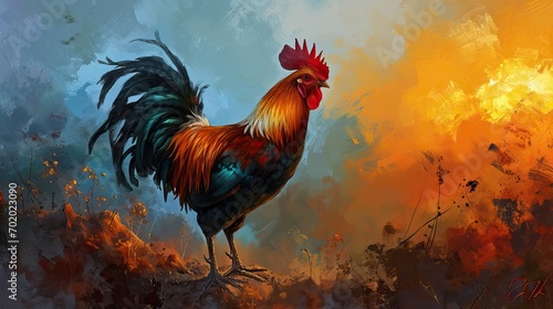 Fotografija A beautiful rooster crowing at dawn, symbolizing the start of a new day