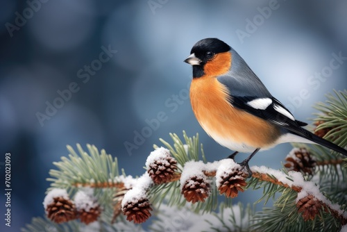 Bullfinch sitting on a pine branch