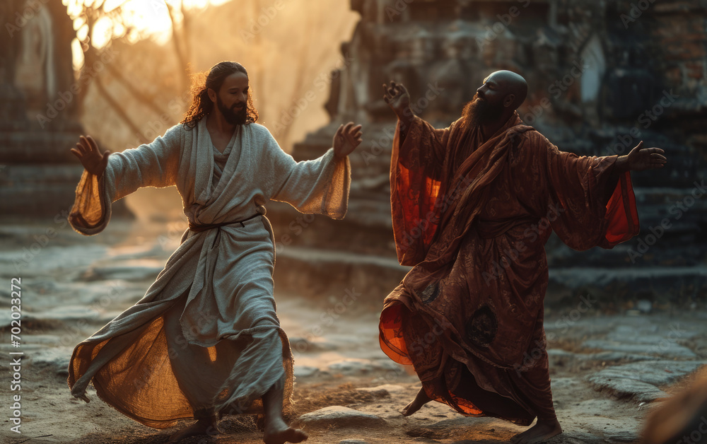 buddha statue in temple , Lord Buddha and Jesus Christ are dancing in