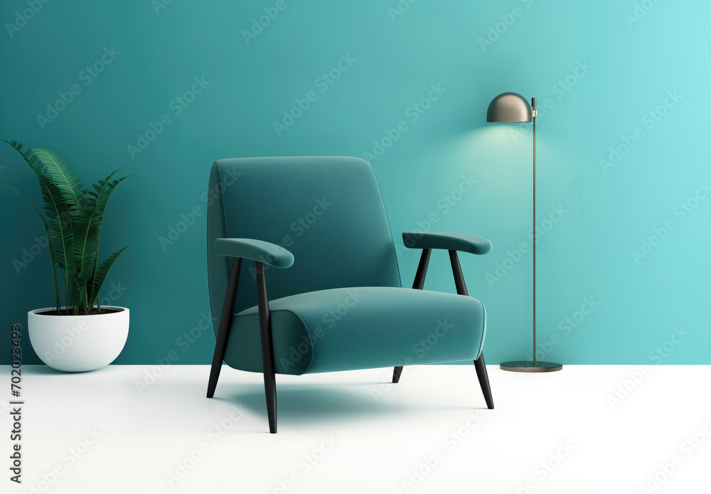 Ideas and reference for modern armchair design. Lamp and plant. Presentation and advertising of stylish furniture. Incident light from the window. Beautiful minimalistic selling background. Turquoise. Ideas and reference for modern armchair design. Lamp and plant. Presentation and advertising of stylish furniture. Incident light from the window. Beautiful minimalistic selling background. Turquoise.