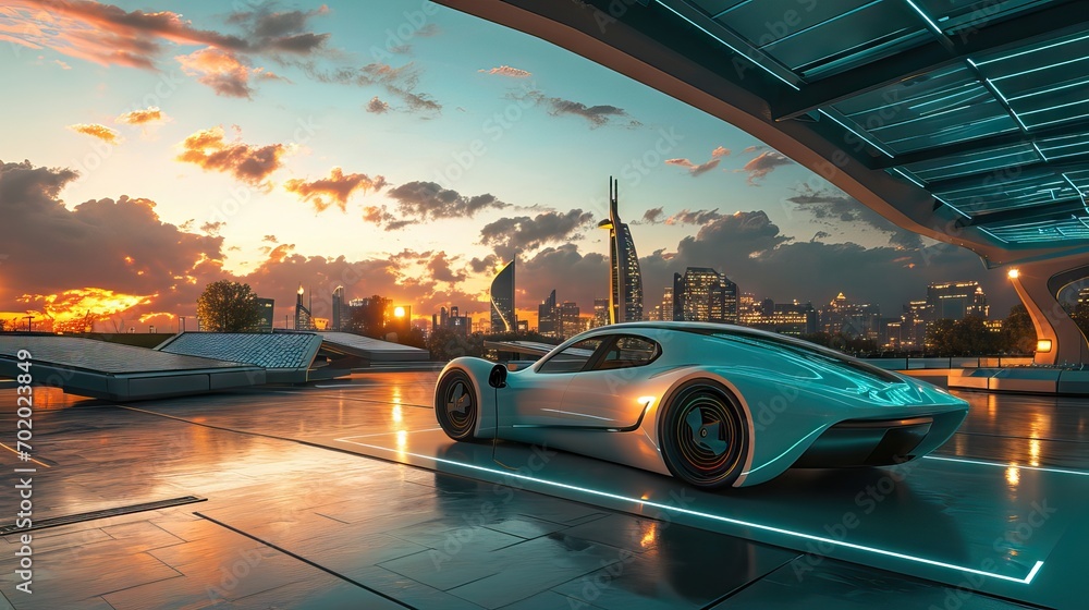 A futuristic vehicle navigating through a futuristic city, showcasing advanced technology and urban innovation. A vision of tomorrow's transportation. Generative AI