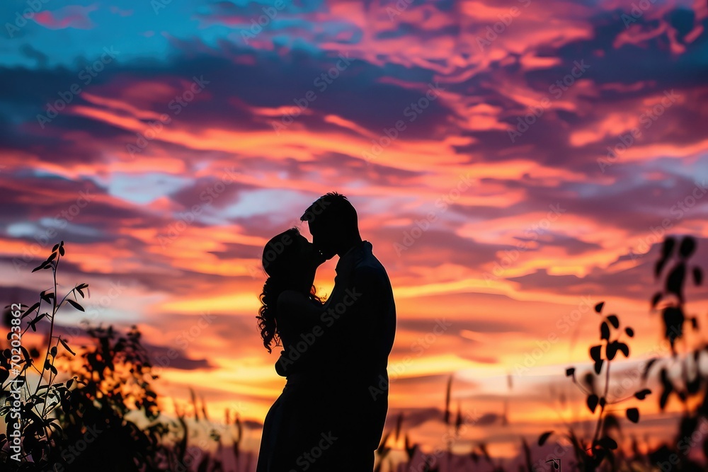 A picturesque silhouette of a couple embracing and sharing a kiss, the colorful sunset creating a magical and dreamy backdrop for their intimate moment.