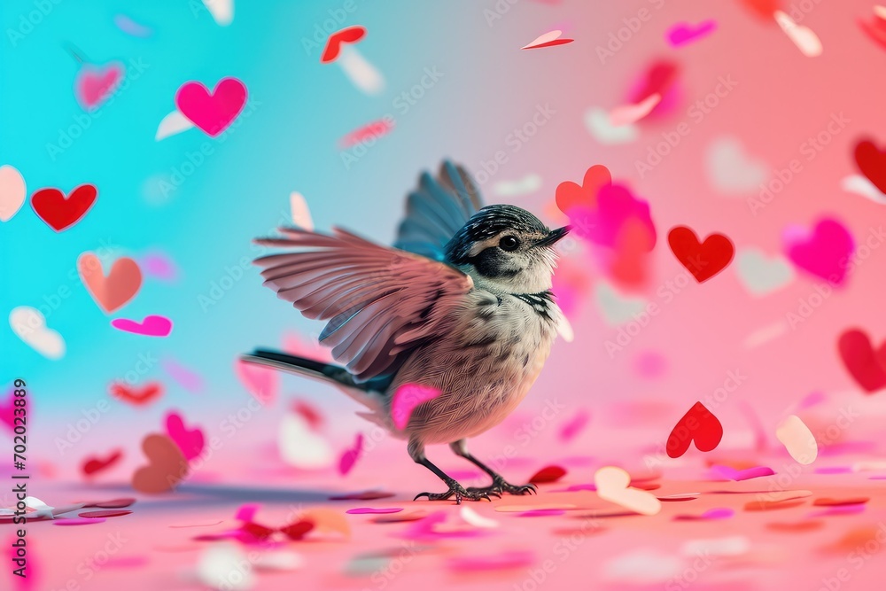 A playful scene of a bird playfully forming a heart with its wings, set against a cheerful pastel backdrop, celebrating the joy and whimsy of Valentine's Day.