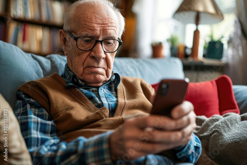 A perplexed elderly man sitting on his living room sofa, staring at his smartphone with a furrowed brow, symbolizing the challenges older adults face with modern technology. photo