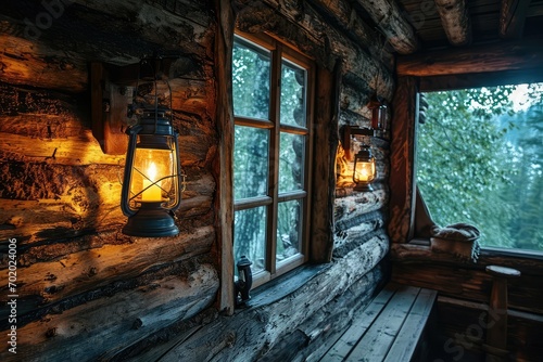 A rustic cabin interior with wall-mounted lanterns casting a warm and inviting glow on the wooden logs, creating a cozy and secluded retreat.