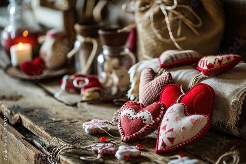 A rustic Valentine's Day spread with homespun presents, crafted felt hearts, and country-style decor, the wooden grain beneath echoing the authenticity and warmth of true love.