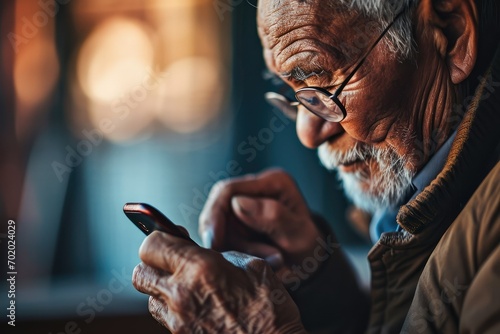 A senior man's hands fumbling with a smartphone, his furrowed brow and focused eyes depicting the effort and determination it takes to bridge the digital gap.