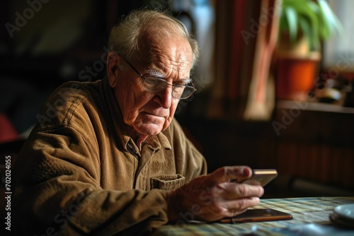 A senior man sitting alone with a phone, his expression one of frustration and bewilderment, illustrating the complexities and challenges seniors often face with modern applications. © Lucija